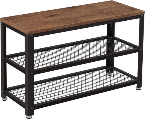 VASAGLE 3-Tier Shoe Rack, Shelf Storage Bench with Metal Mesh Shelves and Seat, Free Standing Shoe Organizer for Entryway, 11.8 x 28.7 x 17.7 Inches, Hazelnut Brown and Black ULBS073B03