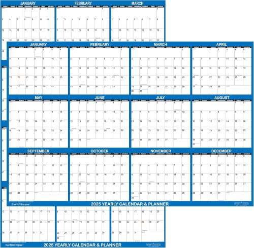 24″ x 36″ SwiftGlimpse 2025 Wall Calendar Erasable Large Wet & Dry Erase Laminated 12 Month Annual Yearly Wall Planner, Reversible, Horizontal/Vertical, Navy