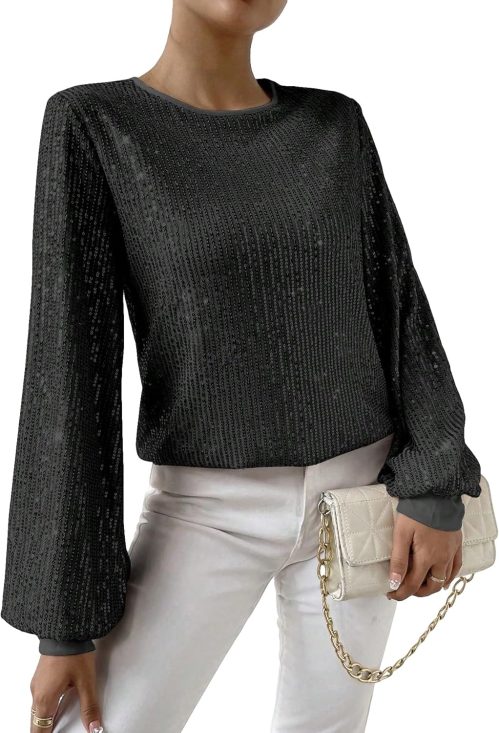 SweatyRocks Women’s Sequin Long Sleeve Blouse Casual Round Neck Pullover Shirt Tops