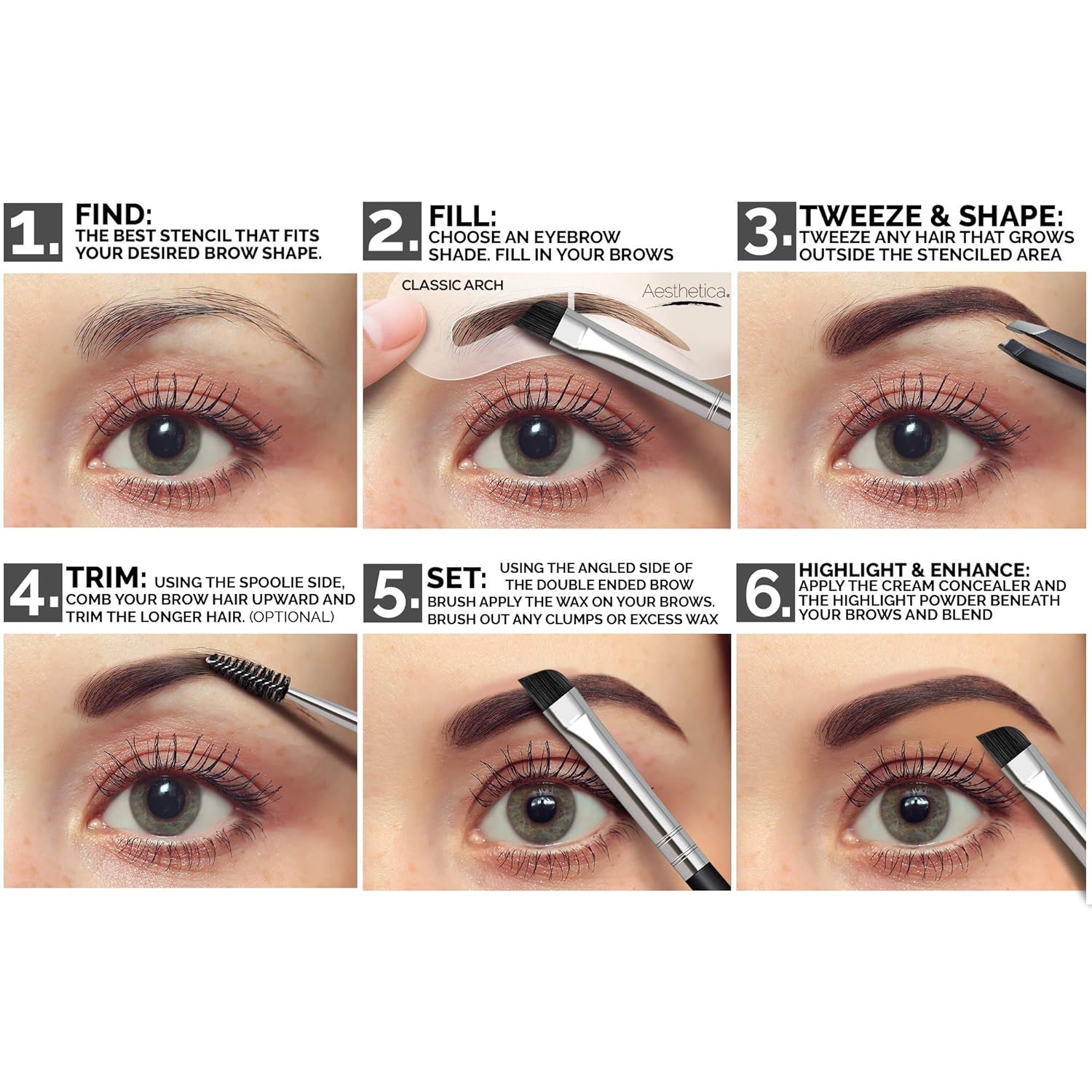 Aesthetica Brow Contour Kit 16-Piece Eyebrow Makeup Palette Set 6 Eyebrow Powders, 5 Eyebrow Stencils, Spoolie/Brush Duo, Tweezers, Eye Brow Wax, Highlighter - Unique Gifts For Women For Her Birthday - Image 4