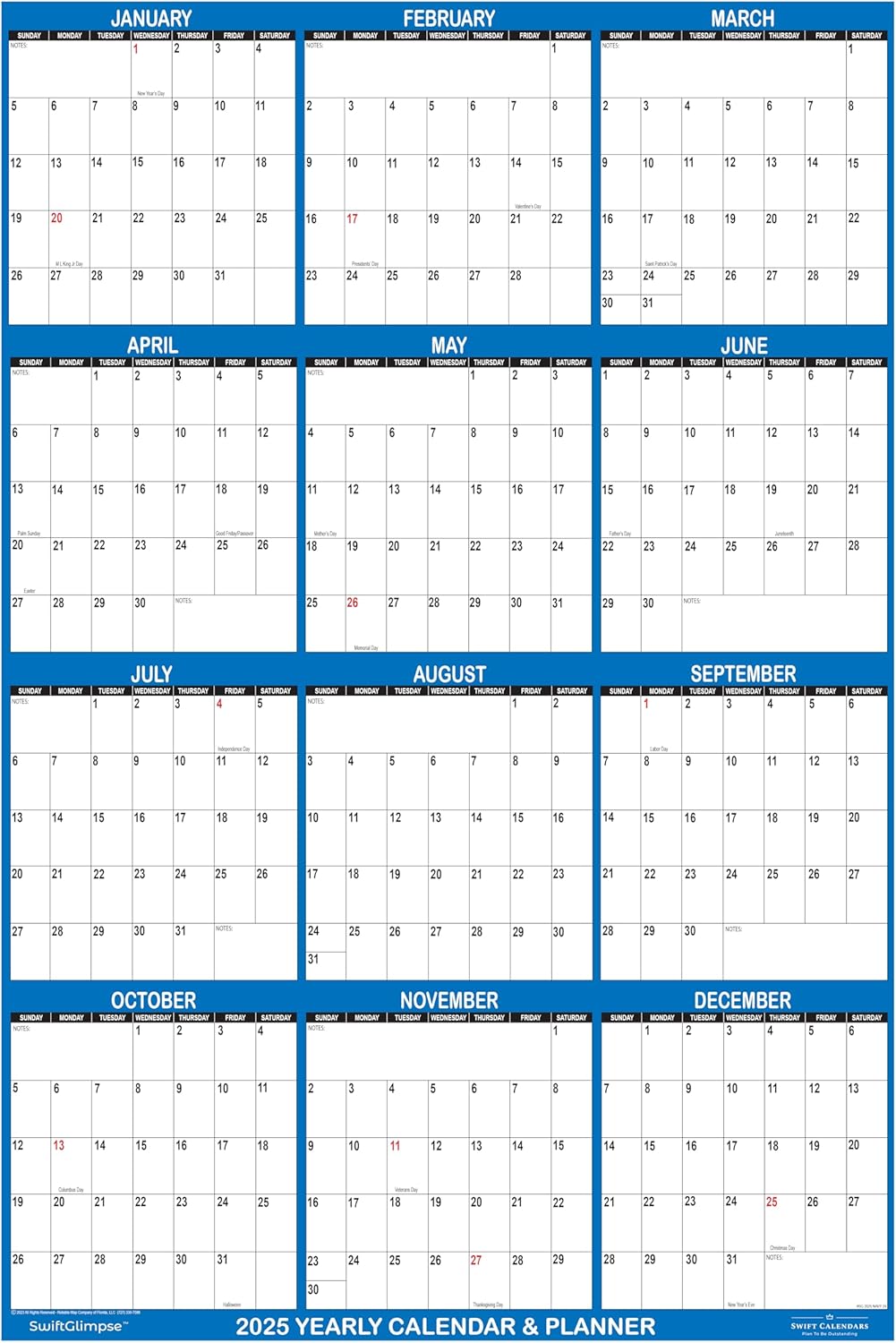 24" x 36" SwiftGlimpse 2025 Wall Calendar Erasable Large Wet & Dry Erase Laminated 12 Month Annual Yearly Wall Planner, Reversible, Horizontal/Vertical, Navy - Image 3
