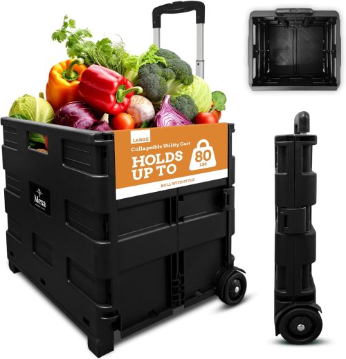 Inspired Living Collapsible Ultra-Slim Pack-N-Roll, 2 Wheel Utility Cart , With Telescopic Handle – Super Strong up to 80 Lbs Load Capacity, Black