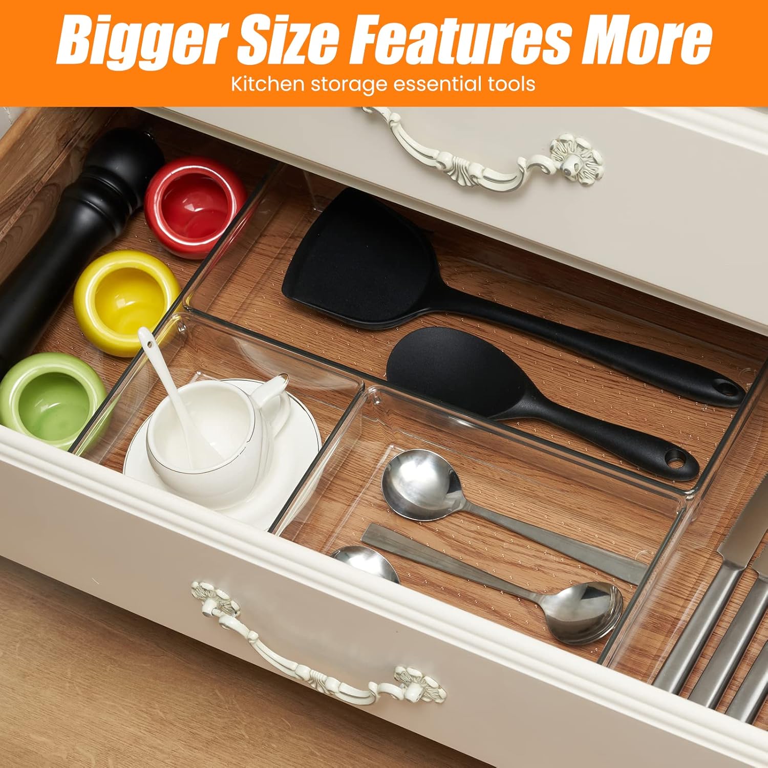 Criusia 6 Pcs Large Size Clear Drawer Organizer Set, Acrylic Non Slip Non Cracking Kitchen Drawer Storage Tray Divider, Multifunctional Storage for Cosmetics, Bathroom, Tools, Kitchen and Office - Image 6
