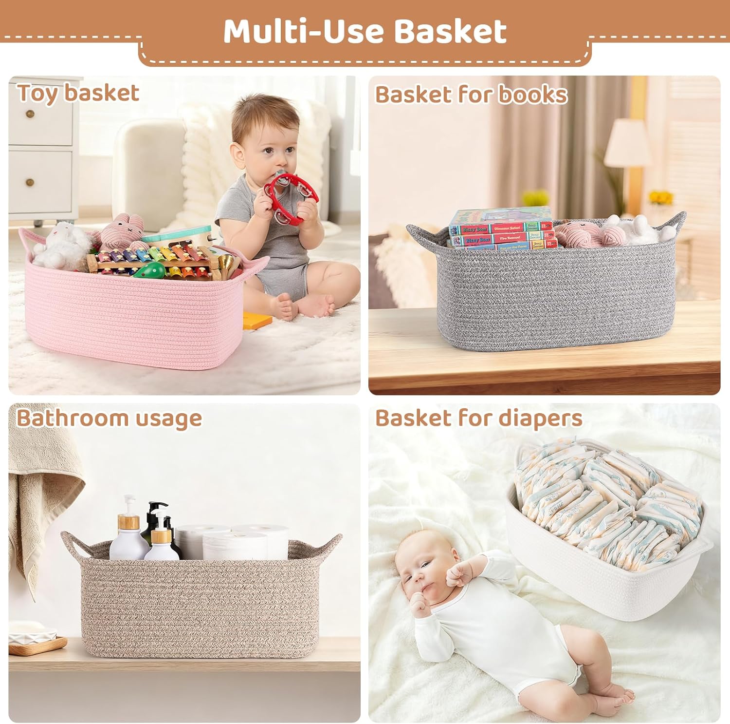 Empty Gift Baskets for Baby Shower, 15.4"L x 11.4"W x 6.7"H Cute Woven Storage Basket with Gift Bags and Ribbons, Small Rope Toy Basket with Handles, Cat Dog Pet Toy Organizer - Small White - Image 6