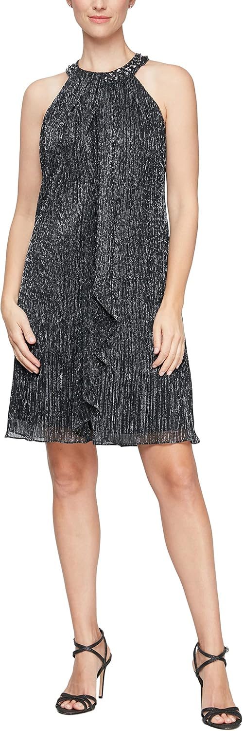 S.L. Fashions Women’s Jewel Neck Halter Dress (Petite and Regular)