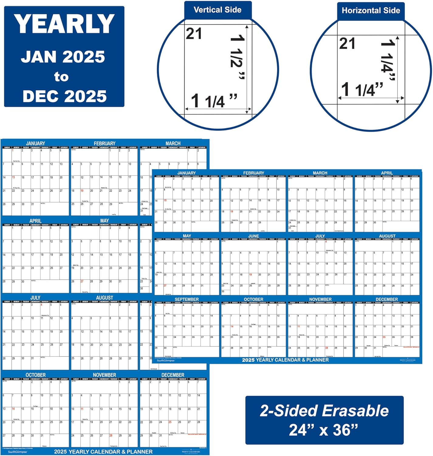 24" x 36" SwiftGlimpse 2025 Wall Calendar Erasable Large Wet & Dry Erase Laminated 12 Month Annual Yearly Wall Planner, Reversible, Horizontal/Vertical, Navy - Image 4