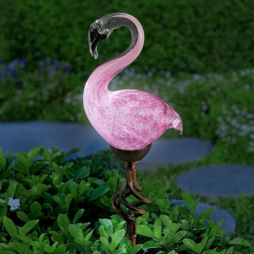 Exhart Garden Solar Lights, Decorative Pink Flamingo Garden Stake, Hand Blown Glass and Metal Outdoor Decoration, 4.5 x 3 x 33 Inch
