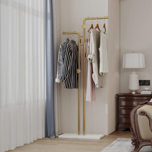 Double-pole Coat Rack Freestanding, Modern Metal Coat Racks Hanger Stand with 5 Hooks and Natural Marble Base, for Bedroom, Office, Hallway, Entryway, Living Room Gold