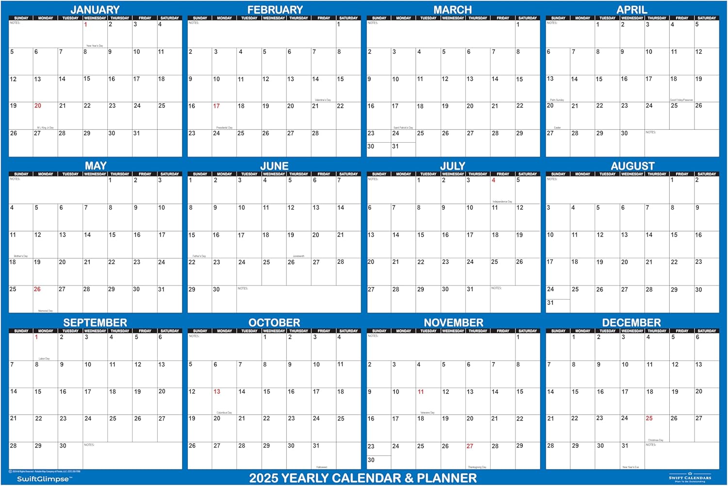24" x 36" SwiftGlimpse 2025 Wall Calendar Erasable Large Wet & Dry Erase Laminated 12 Month Annual Yearly Wall Planner, Reversible, Horizontal/Vertical, Navy - Image 2