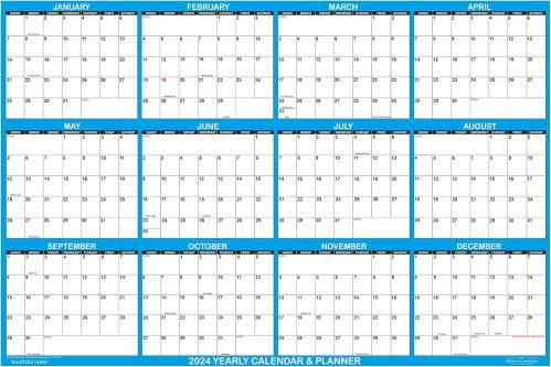 24″ x 36″ SwiftGlimpse 2024 Wall Calendar Erasable Large Wet & Dry Erase Laminated 12 Month Annual Yearly Wall Planner, Horizontal, Blue