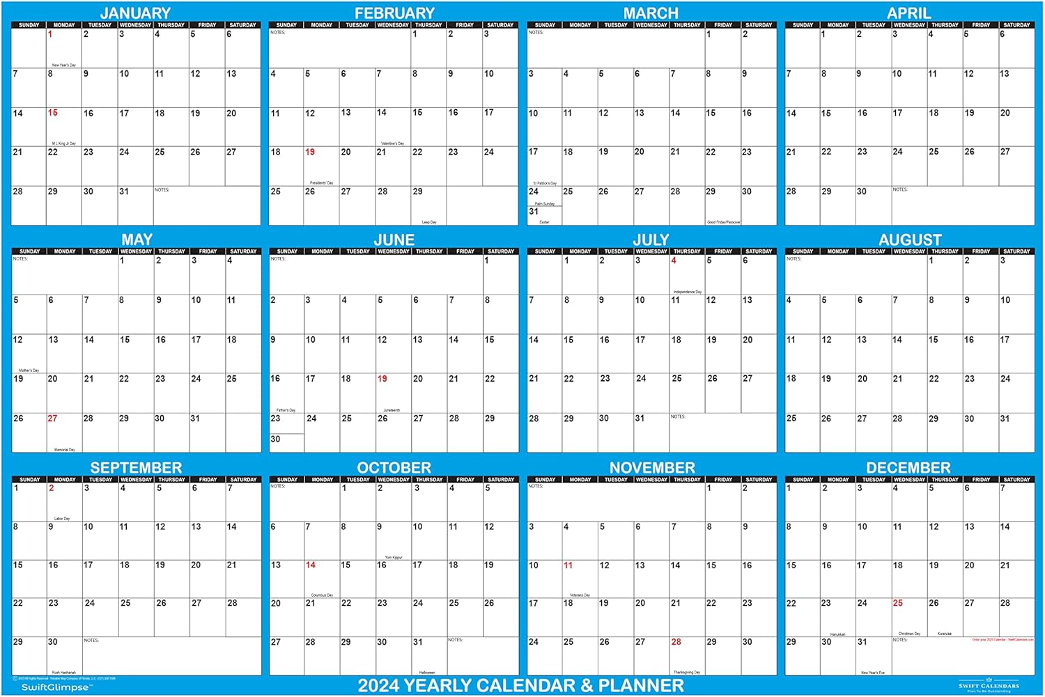 24" x 36" SwiftGlimpse 2024 Wall Calendar Erasable Large Wet & Dry Erase Laminated 12 Month Annual Yearly Wall Planner, Horizontal, Blue