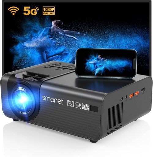 SMONET WIFI Projector, Native 1080P Projector 4K Support 5G WiFi Bluetooth Projector 9500L Outdoor Movie Projector Home Video LED iPhone Projector Compatible with Phone TV Stick Laptop PC HDMI USB DVD