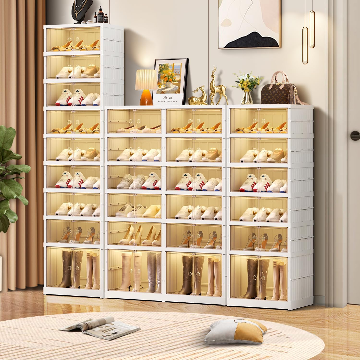 3-Tier Foldable Shoe Rack Organizer for Closet 12Pairs Plastic Shoe Shelf Collapsible Shoes Storage Box Clear Shoe Boxes Stackable with Door Easy Assembly Shoe Cabinet with Lids Large - Image 6