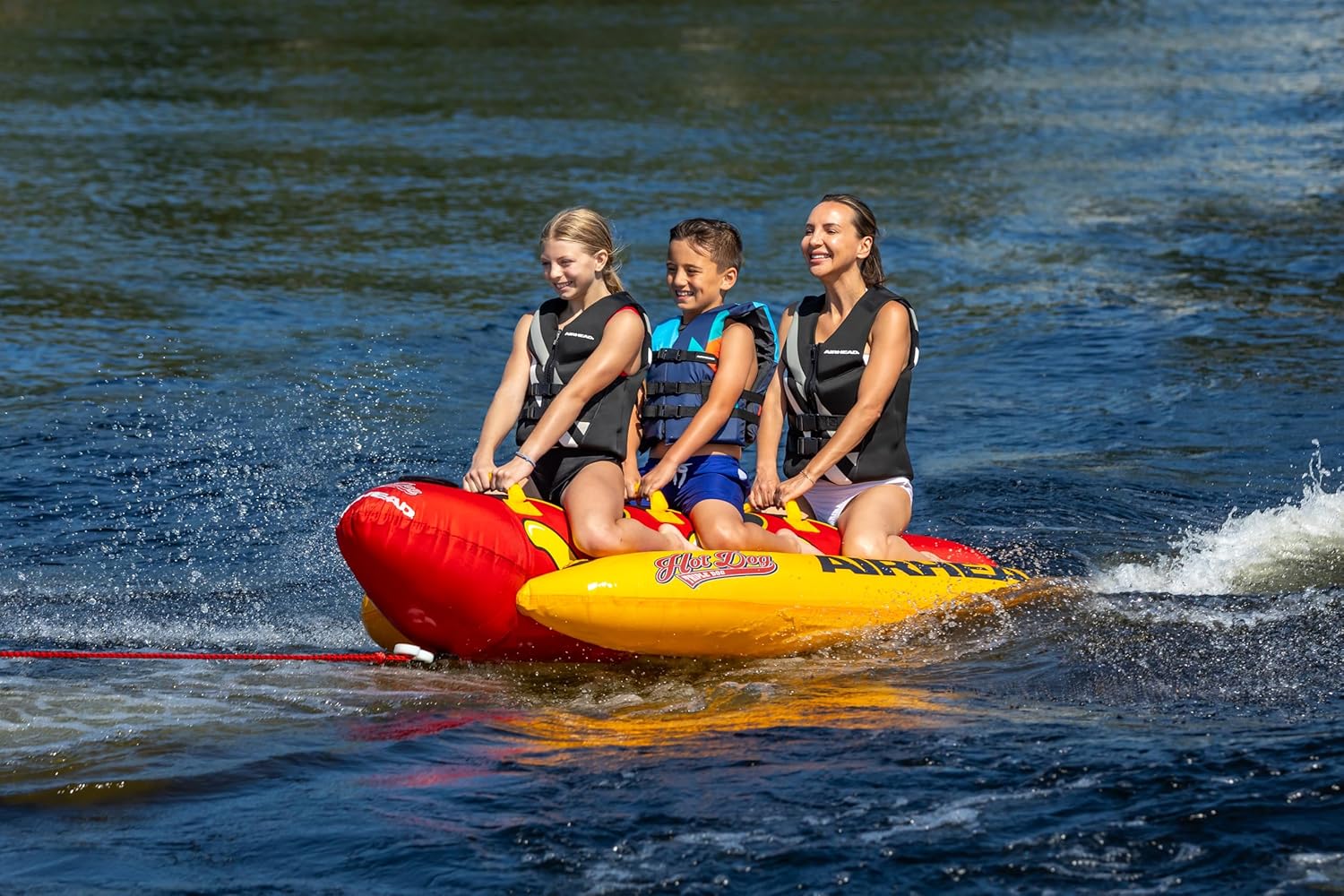 Airhead Hot Dog Towable | Multiple Models, Tube for Boating and Water Sports, Neoprene Seat Pads, Double-Stitched Full Nylon Cover, and Boston Valve for Convenient Inflating & Deflating - Image 5