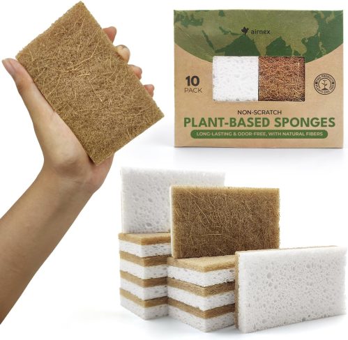 10 Pack Biodegradable Natural Kitchen Sponge – Compostable Cellulose and Coconut Walnut Scrubber Sponge – Eco Friendly Sponges for Dishes