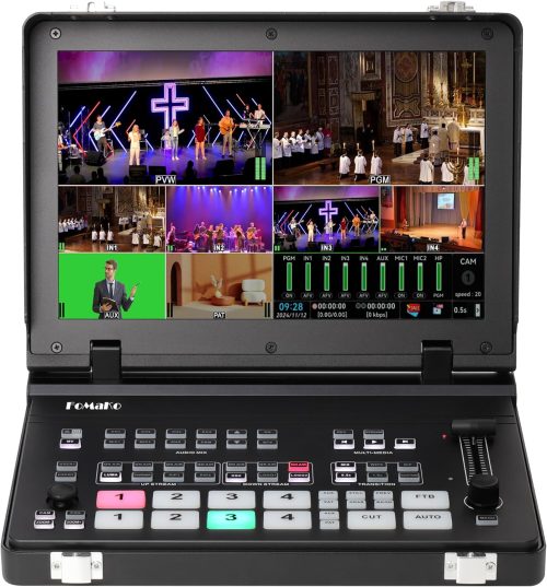 FoMaKo 4K HDMI Video Mixer Switcher, 10.1 Inch FHD LCD Screen, 5-Channel Live Streaming Switcher, 4K 60FPS Input, 1080p 60FPS Output, Support PTZ Controller, SDI + HDMI Video Switcher, M6