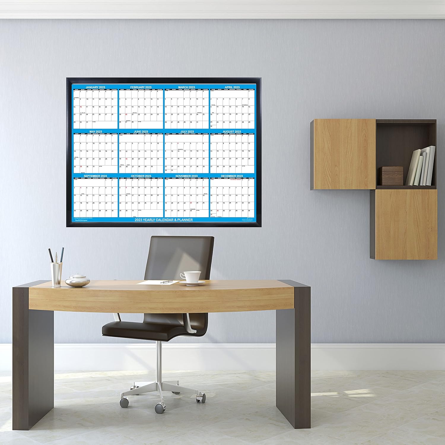 24" x 36" SwiftGlimpse 2024 Wall Calendar Erasable Large Wet & Dry Erase Laminated 12 Month Annual Yearly Wall Planner, Horizontal, Blue - Image 3