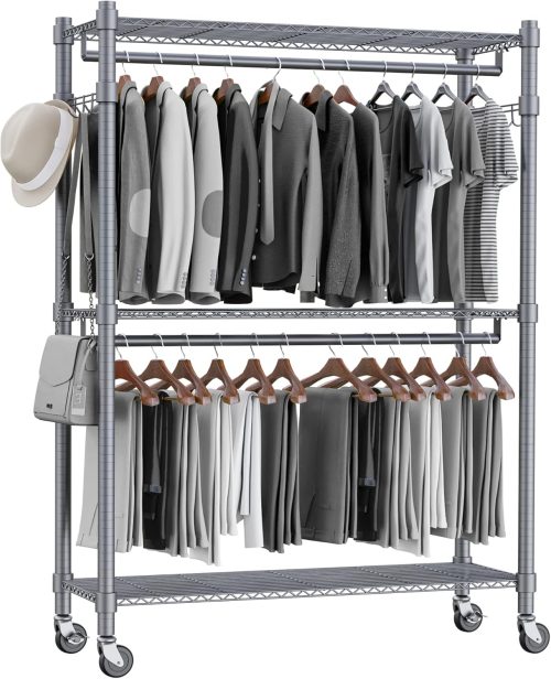 Homdox Rolling Clothes Rack Heavy Duty, 3-Tier Adjustable Wire Shelving Garment Organizer with Double Rods & Hooks, Portable Clothes Rack with Wheels, 17.72″ D x 47.24″ W x 80.71″ H, Grey